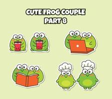 Set of cute kawaii couple little frog sticker emoji drink bubble tea watch on computer reading book chef emoticon vector