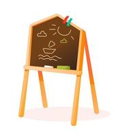Children's chalk board. Chalkboard with chalk and drawings. Vector illustration in cartoon flat style.