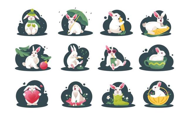 Cute rabbits collection. New Year's collection 2023 with rabbits. Cartoon vector illustration