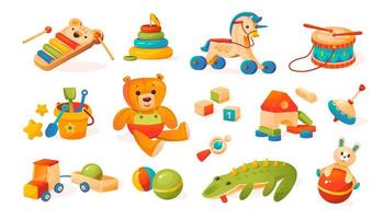 Children's toys collection. Teddy bear, ball, cubes, wooden toys. Cartoon style vector