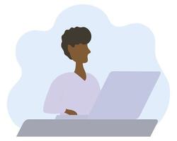 African American student in flat style works at a laptop, sits at a table and types on a keyboard vector