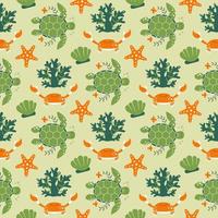 Seamless pattern with sea turtles. Background with marine inhabitants. Vector image with crabs, shells and corals