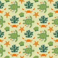 Seamless pattern with sea turtles. Background with marine inhabitants. Vector image with crabs, shells and corals