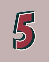 Vector number 5 with 3D effect in retro style. Well red and Deep Teal colors