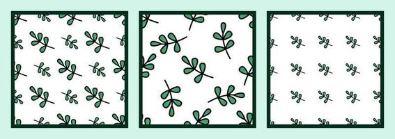 conjunto de tres patrones naturales sin fisuras con hojas verdes sobre un fondo blanco. frescura, orgánico, concepto vegetariano vector