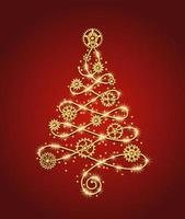 Golden christmas tree made of gold wire with gears, sparkles, little scattered stars on a red background in steampunk style. Delicate lacy shape with loops. Vector illustration