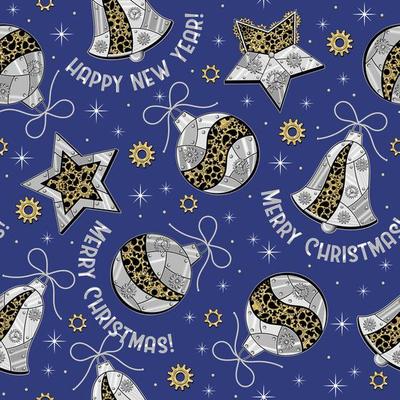 Pattern with gears and christmas balls made of shiny silver metal plates, gold gears, cogwheels, rivets in steampunk style. Light blue background.