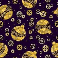 Pattern with gears and christmas balls made of shiny brass, gold metal plates, gears, cogwheels, rivets in steampunk style. Violet background. vector