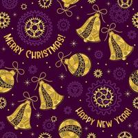 Pattern with gears, christmas balls, bells made of shiny brass, gold metal plates, gears, cogwheels, rivets in steampunk style on violet. Christmas background. vector