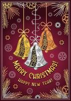 Greeting card template Merry Christmas and Happy New Year. Christmas bells, tree needles, sparkles on burgundy background. Ornaments made of gears, shiny metal plates, rivets in steampunk style. vector