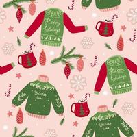 Seamless pattern with Christmas sweaters, candy canes, drinks. Vector graphics.
