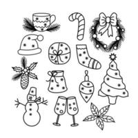 elementos navideños establecidos en estilo doodle ilustración vectorial aislada. artículos románticos de invierno para diseños de saludo. bocetos y garabatos de año nuevo. vector