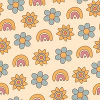 retro seamless pattern with rainbow and flower vector