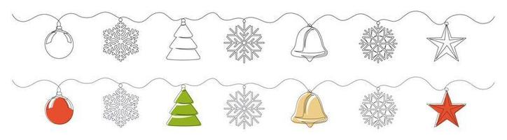 Set of continuous one line drawings of Christmas symbols vector