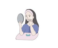 Young woman applying face cream. Girl with beautiful healthy skin vector