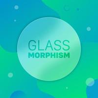 Vector glass morphism style. Translucent circle on a green background with circles and liquid shapes. Frosted transparent glass and colored gradient circles. Place for your text, for web, ui, apps.