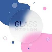 Vector glass morphism style. Translucent circle on fluid background with circles and liquid shapes. Frosted transparent glass and colored bright circles. Place for your text, for web, ui, apps.