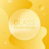 Vector glass morphism style. Translucent circle on a yellow background with circles and liquid shapes. Frosted transparent glass and colored gradient circles. Place for your text, for web, ui, apps.