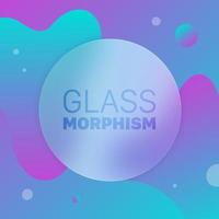 Vector glass morphism style. Translucent circle on a neon background with circles and liquid shapes. Frosted transparent glass and colored gradient circles. Place for your text, for web, ui, apps.