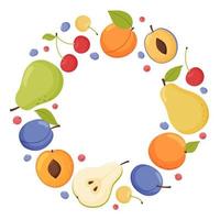 Round frame of fresh garden fruits and berries. Organic vegan food. Vector illustration in cartoon style on a white background.