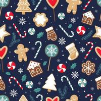 Seamless Christmas pattern with gingerbread cookies and sweets. Bright vector background for wrapping paper, fabric.