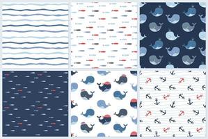 Set of nautical seamless patterns with anchors, fish, whales and waves. Vector seamless background for children s textiles, wallpapers, etc.