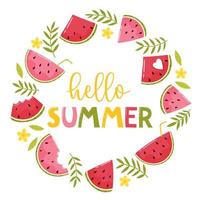 Hello summer. Template for a banner, postcard or summer print with watermelons, palm leaves, flowers and an inscription on a white background. Circle ornament. vector