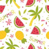 Summer seamless pattern. Vector cartoon in hand drawn simple flat style. Watermelons, pineapples, palm trees and flowers.