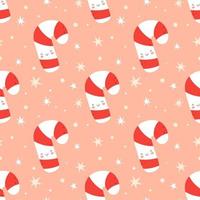 Seamless Christmas background with cute candy cane. Vector illustration in flat cartoon style on a pink background. Ideal for fabric and wrapping paper.