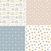 Collection of seamless matching patterns with rainbows, flowers and abstract geometric textures in cartoon flat style. Childish seamless textures for fabric, textile, wallpaper. vector