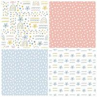 Collection of seamless matching patterns with rainbow, flowers and abstract geometric textures in cartoon flat style. Vector cartoon in pastel colors.