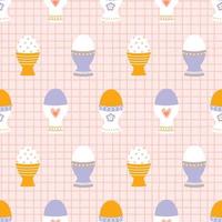 Modern seamless pattern of Easter eggs in eggcups with various ornaments on a pink checkered background. Suitable for kitchen textiles. vector