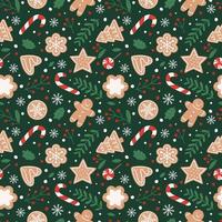 Gingerbread seamless pattern. Festive background with cookies, candies, leaves and berries. Vector illustration in flat cartoon style on green background