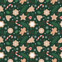 Gingerbread seamless pattern. Festive background with cookies, candies, leaves and berries. Vector illustration in flat cartoon style on green background