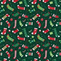 Seamless Christmas pattern with assorted Christmas socks. Bright vector background for wrapping paper, fabric.