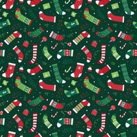 Seamless Christmas pattern with assorted Christmas socks. Bright vector background for wrapping paper, fabric.