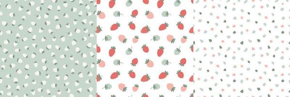 Collection of seamless matching patterns with abstract textures and strawberries in cartoon flat style. vector