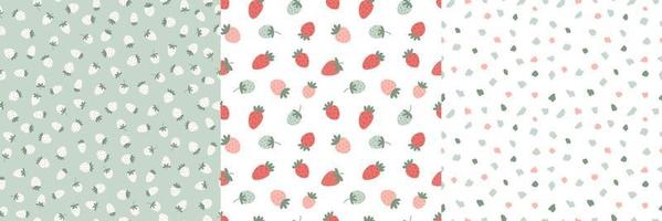 Collection of seamless matching patterns with abstract textures and strawberries in cartoon flat style. vector