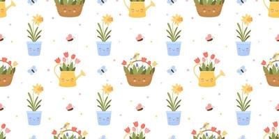 Seamless vector pattern with bouquets and pots of spring flowers. Cheerful faces are smiling.