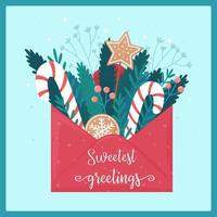 Christmas greeting card with envelope and Christmas sweets. vector