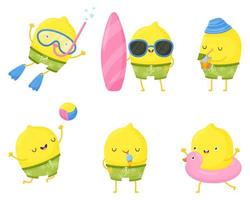 Fun summer elements. Cute lemons are having fun. Illustrations of summer fun in the pool, at the sea and on the beach. vector