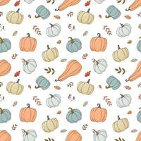 Seamless pattern with varied pumpkins and autumn leaves. Seamless background for autumn holidays, fabric, wrapping paper. vector