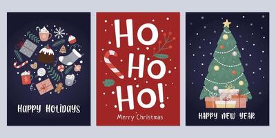 juego de tarjetas de felicitación de navidad y año nuevo con árbol, caja de regalo, hojas, bastón de caramelo, adorno, bayas, galleta de jengibre ideal para las vacaciones de invierno. ilustración vectorial vector