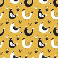 Hens and chickens seamless vector pattern . Creative childish texture on yellow background for, easter, fabric, paper.