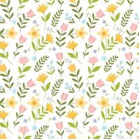 Seamless pattern with bright spring flowers in a simple cartoon style. Cute spring background for fabric, covers, wrapping paper. Vector illustration isolated on white background