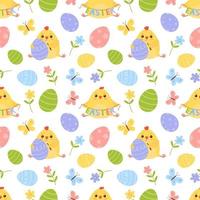 Seamless vector pattern with cute chickens, butterflies, flowers and easter eggs. Vector illustration isolated on white background.