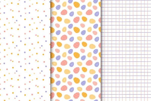 Set of Easter patterns. Easter eggs with different patterns, checkered background, polka dot background. Vector illustration isolated on white background.