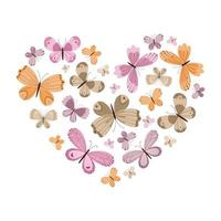 Heart from a variety of colorful butterflies. Postcard or print template. Vector illustration isolated on white background