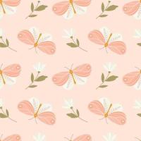 delicado patrón sin fisuras con mariposas y flores. fondo vectorial de verano para tela, textil, papel tapiz sobre un fondo rosa claro. vector