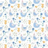 Seamless pattern with cute chickens, hens and plants on a white background. vector